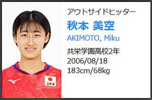 バレーボール日本代表選手の身長：秋本 美空(AKIMOTO Miku)：183cm
