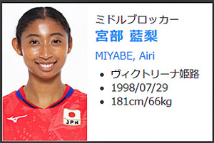 バレーボール日本代表選手の最高到達点：宮部 藍梨(MIYABE Airi)：313cm